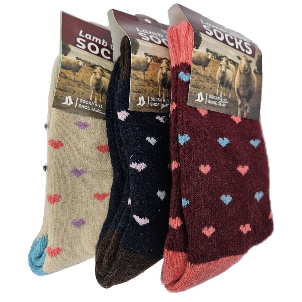 Women's Lamb Wool Socks, Warm Winter Boot Crew Socks, 3 Pairs. Hearts Print/NEW